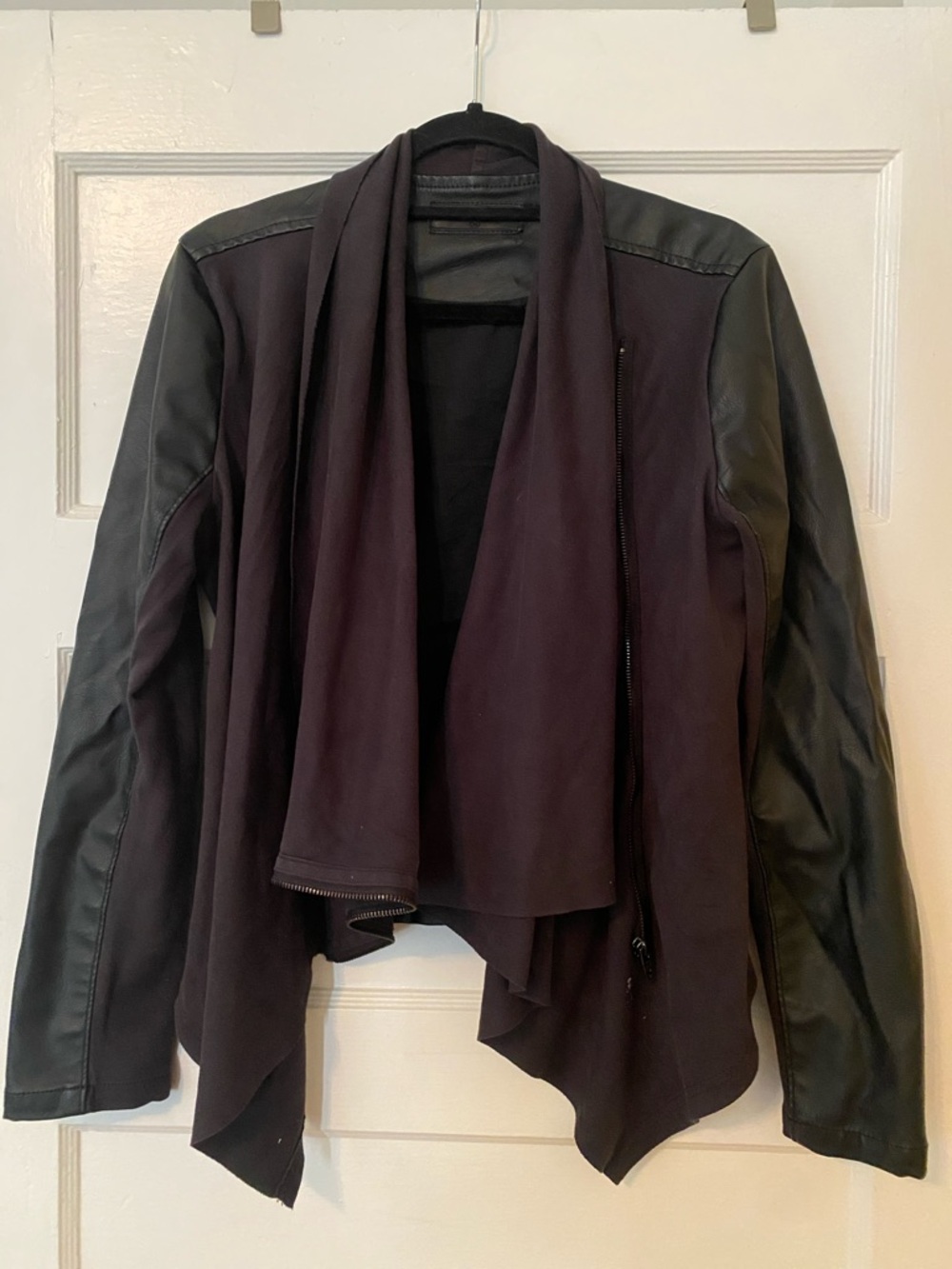 Draped Open-Front Jacket with Faux Leather Sleeves Black